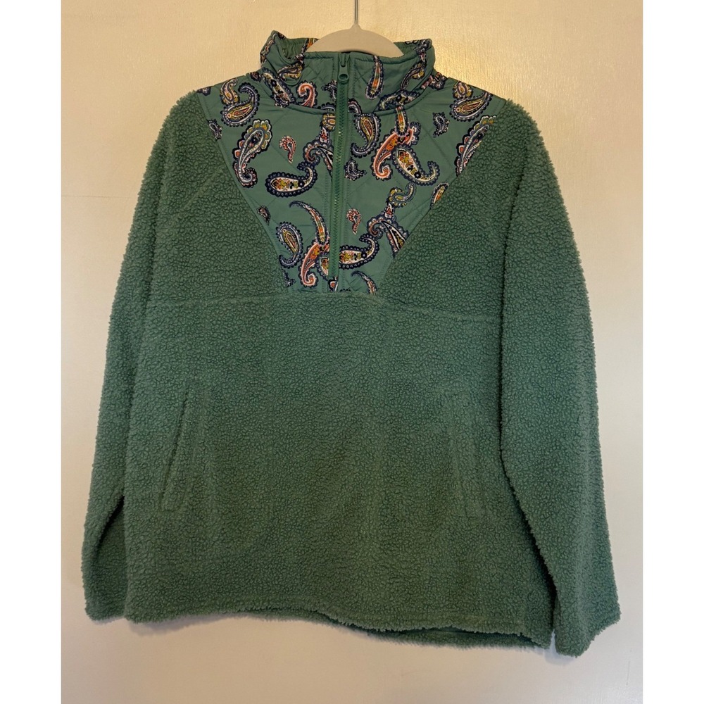 Vera Bradley Womens M Quarter Zip Fleece Pullover Paisley Teddy Sherpa Green